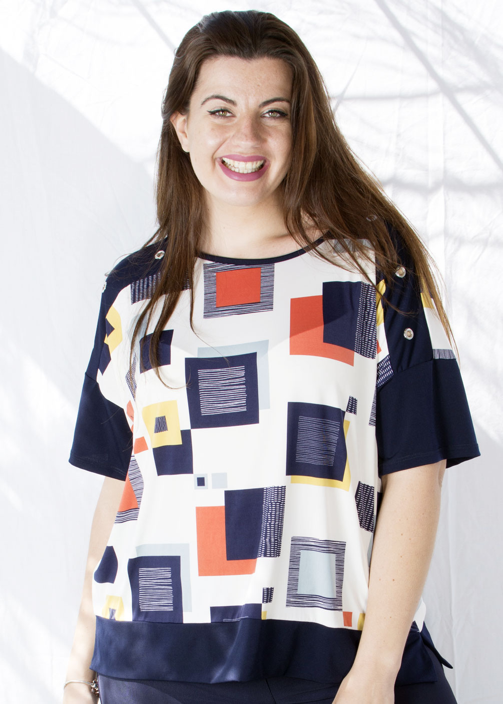 camiseta cuadros lycra ojales decorados geométrico tallas grandes curvy